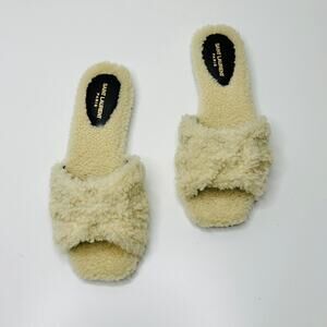 Saint Laurent Tribute 36.5/US 6.5 Slip On Flat Sandals Beige Shearling NIB
